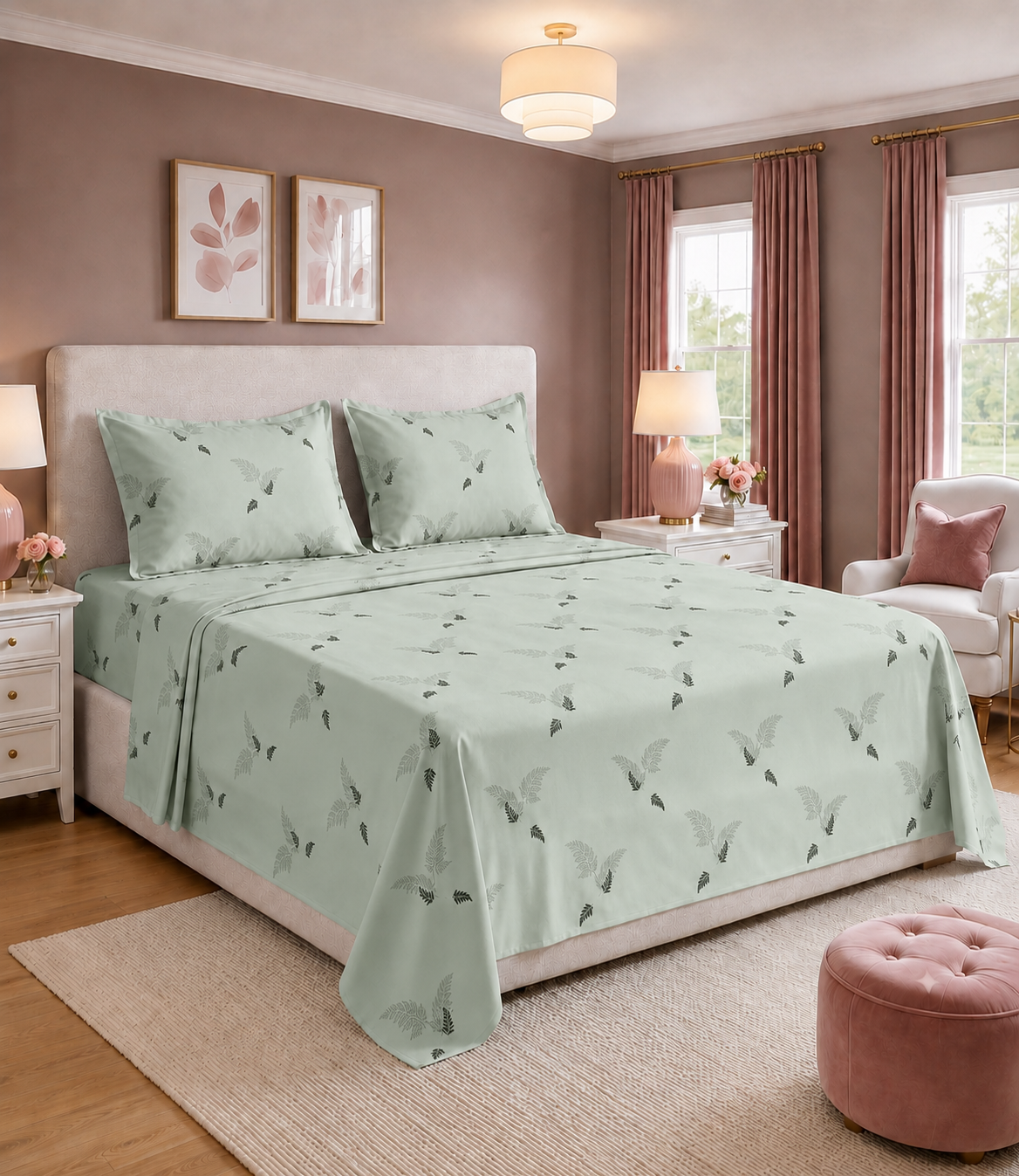 Elite Weave Sage Fern King Size Cotton Bedsheet – Minimal Botanical Elegance