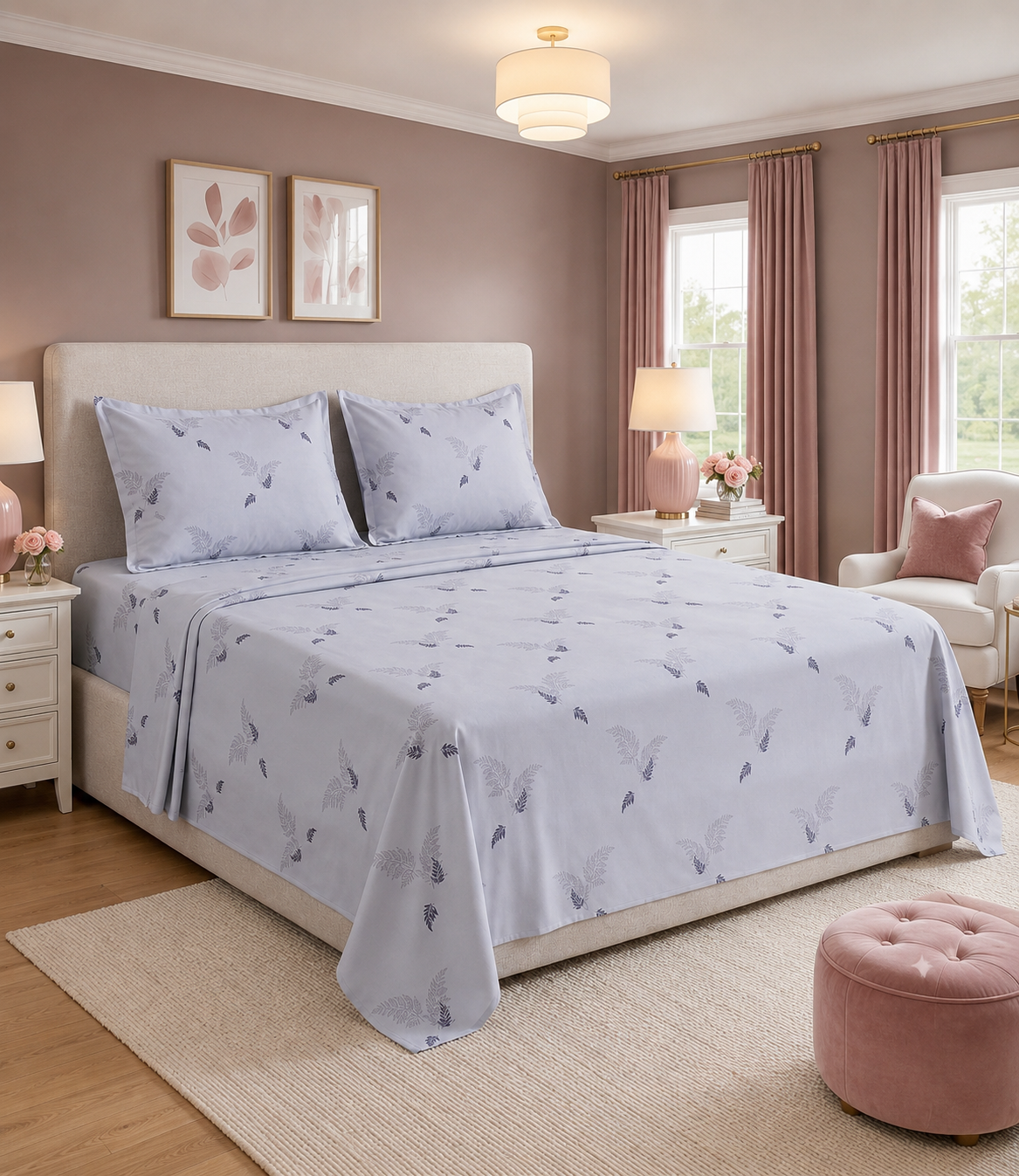 Elite Weave Sage Fern King Size Cotton Bedsheet – Minimal Botanical Elegance