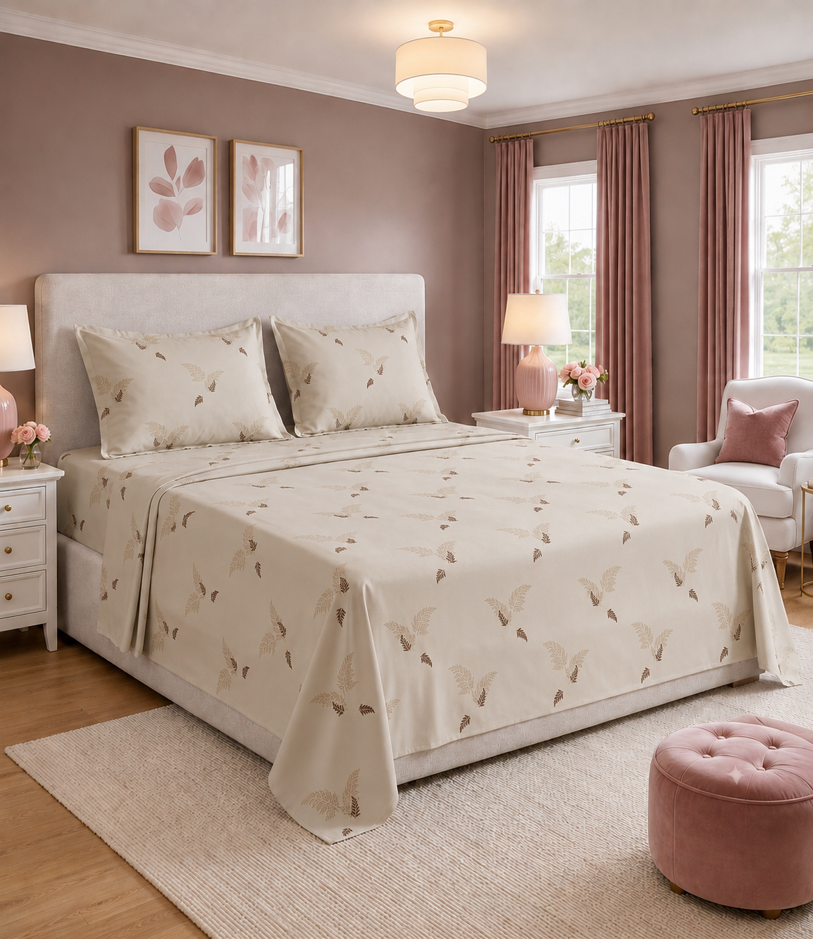 Elite Weave Ivory Fern King Size Cotton Bedsheet – Timeless Natural Elegance