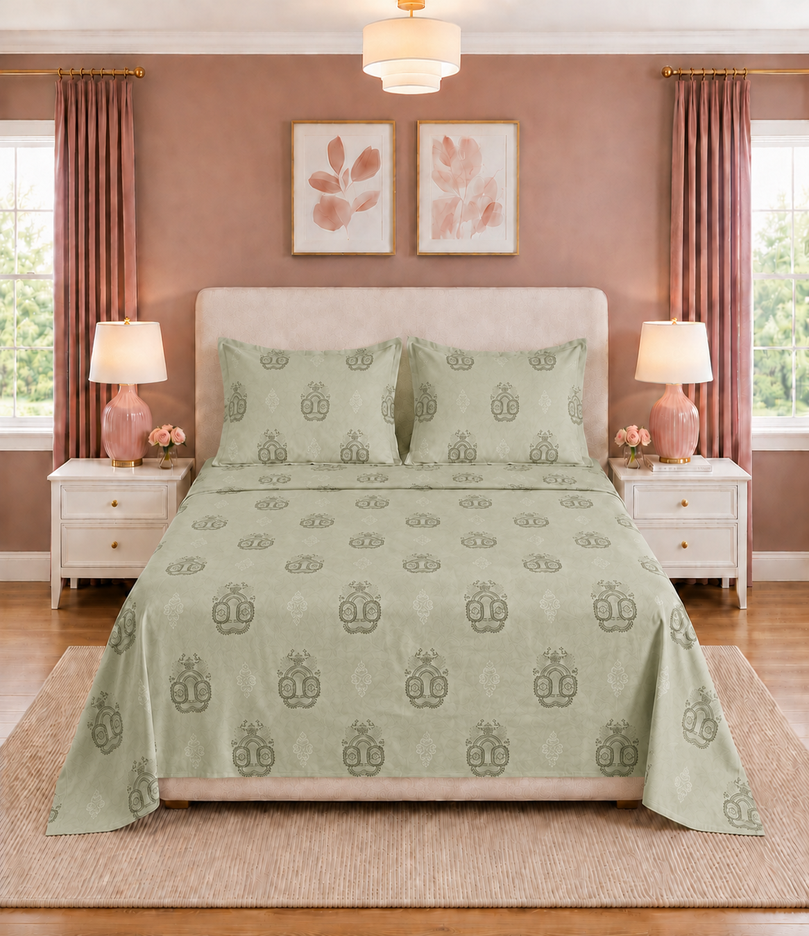 Elite Weave Sage Green Medallion King Size Cotton Bedsheet – Serene Elegance & Everyday Comfort