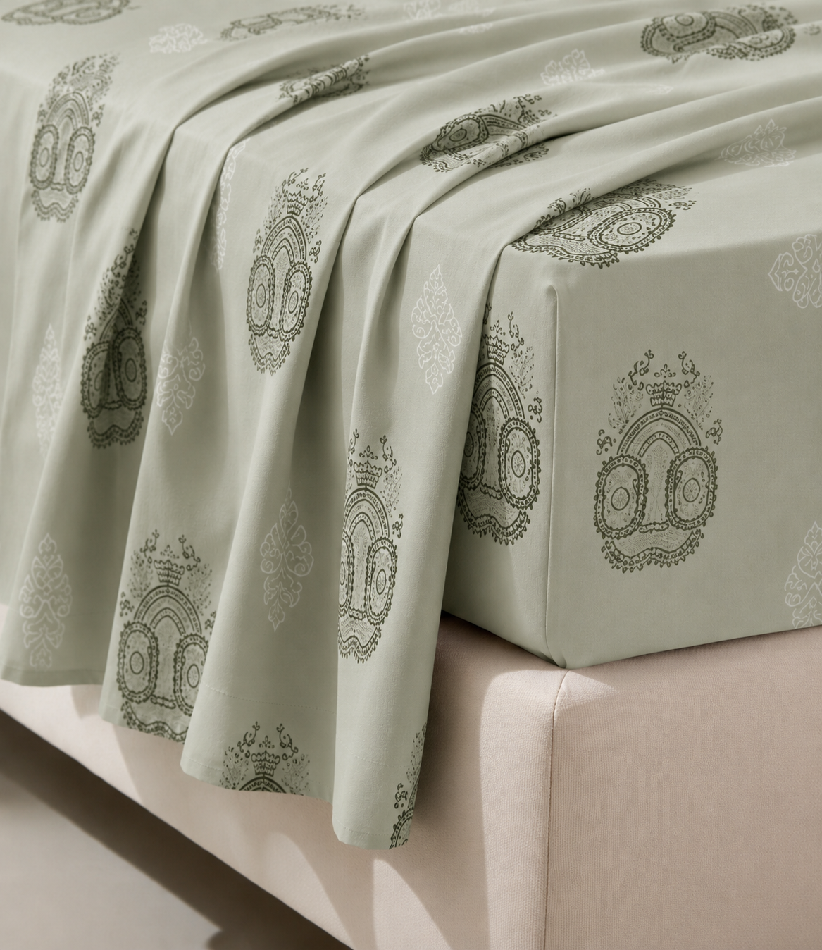 Elite Weave Sage Green Medallion King Size Cotton Bedsheet – Serene Elegance & Everyday Comfort