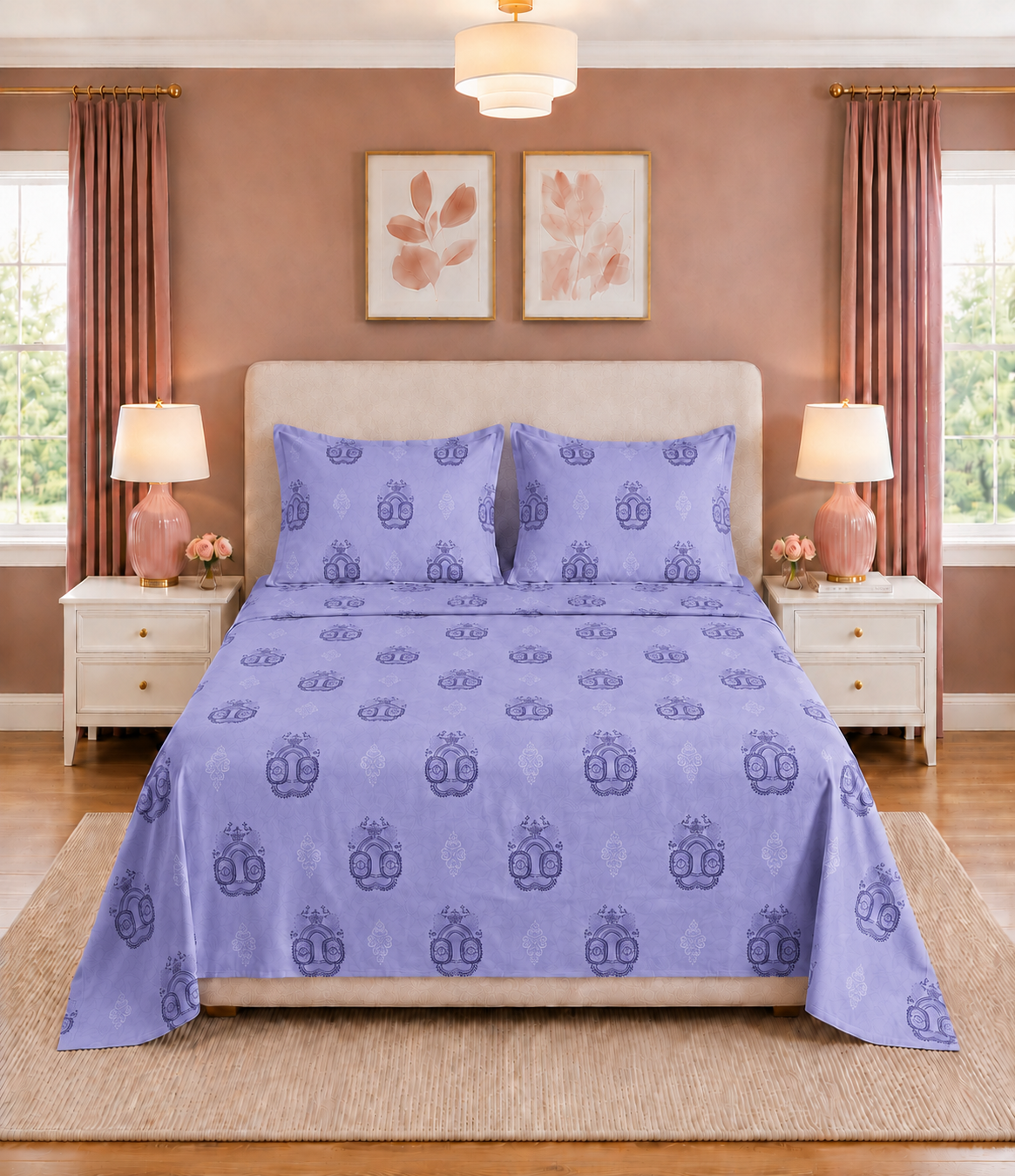 Elite Weave Lavender Medallion King Size Cotton Bedsheet – Elegant Charm & Everyday Comfort