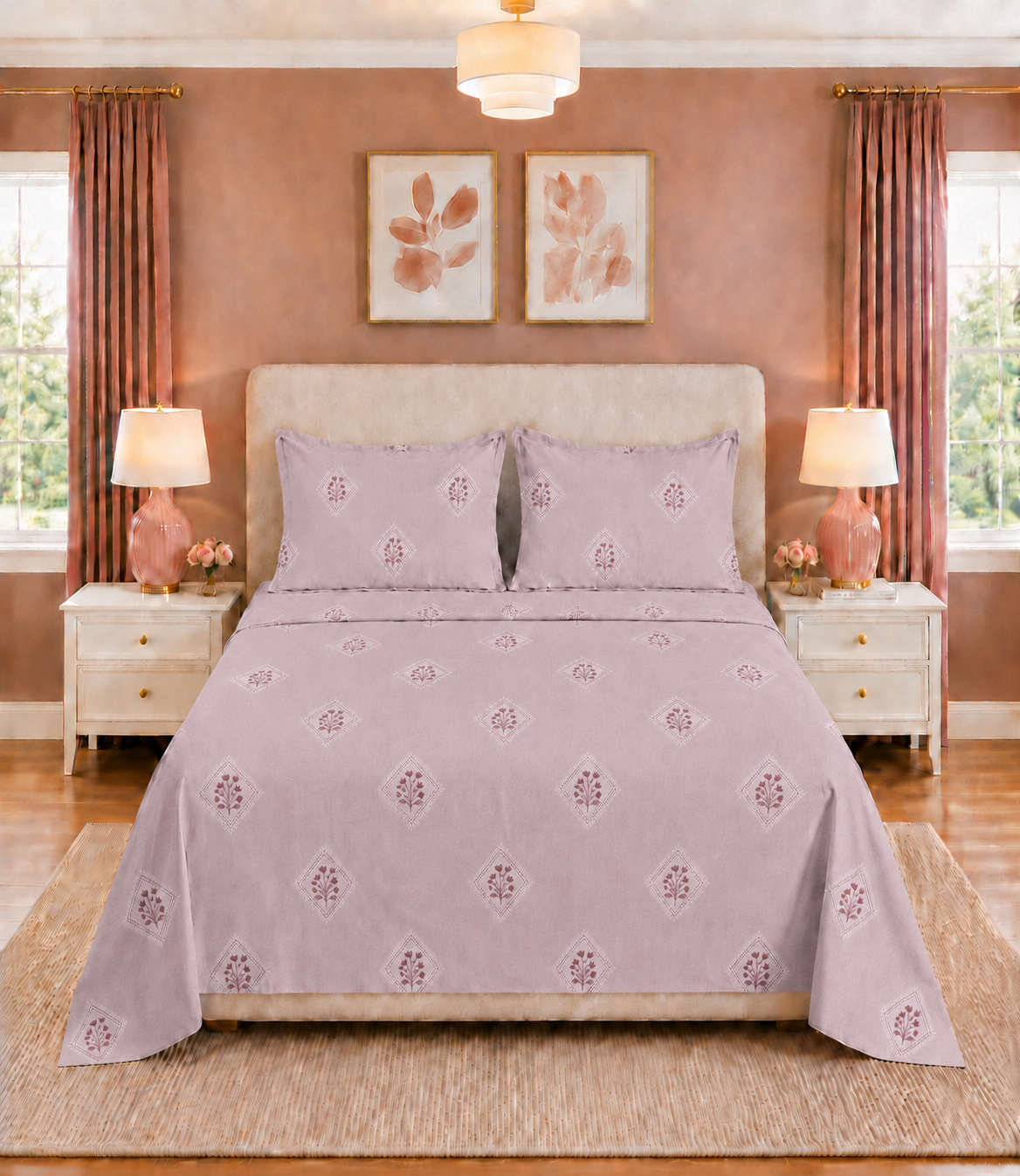 Elite Weave Blush Mauve Floral Diamond King Size Cotton Bedsheet – Soft Elegance & Everyday Comfort
