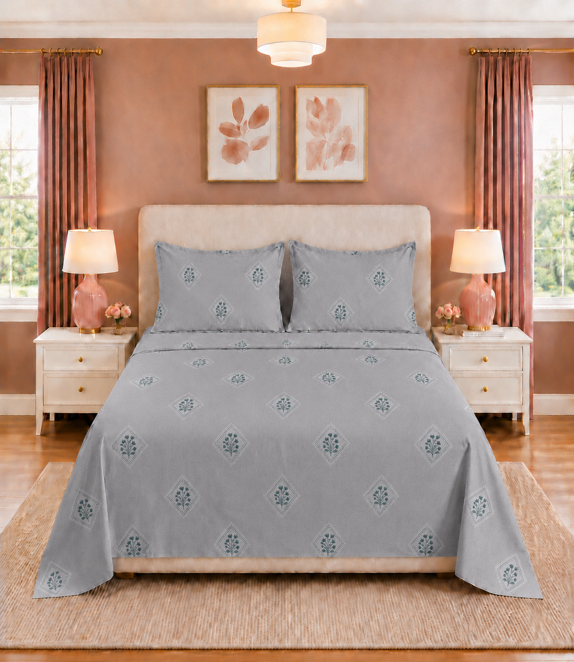 Elite Weave Silver Grey Floral Diamond King Size Cotton Bedsheet – Modern Elegance & Everyday Comfort