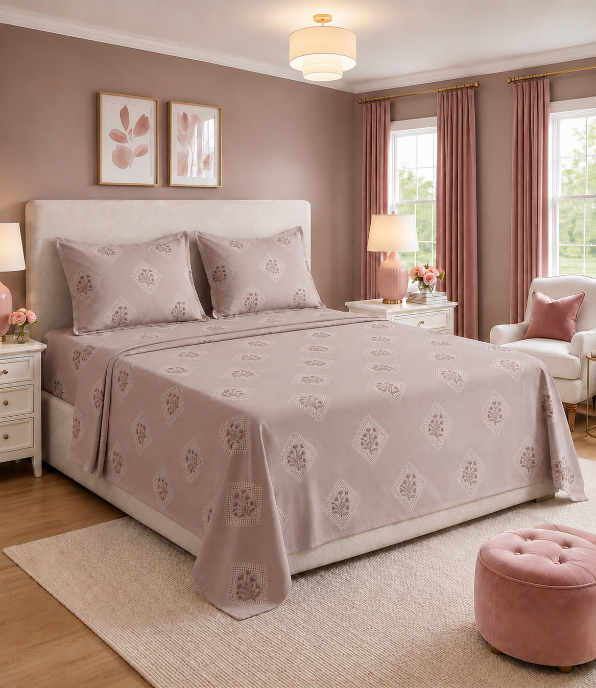 Elite Weave Rose Mist Geometric Floral King Size Cotton Bedsheet – Premium Comfort