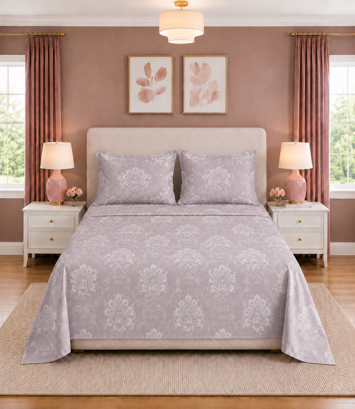 Elite Weave Misty Lilac Floral Vine King Size Cotton Bedsheet – Elegant Comfort & Timeless Charm