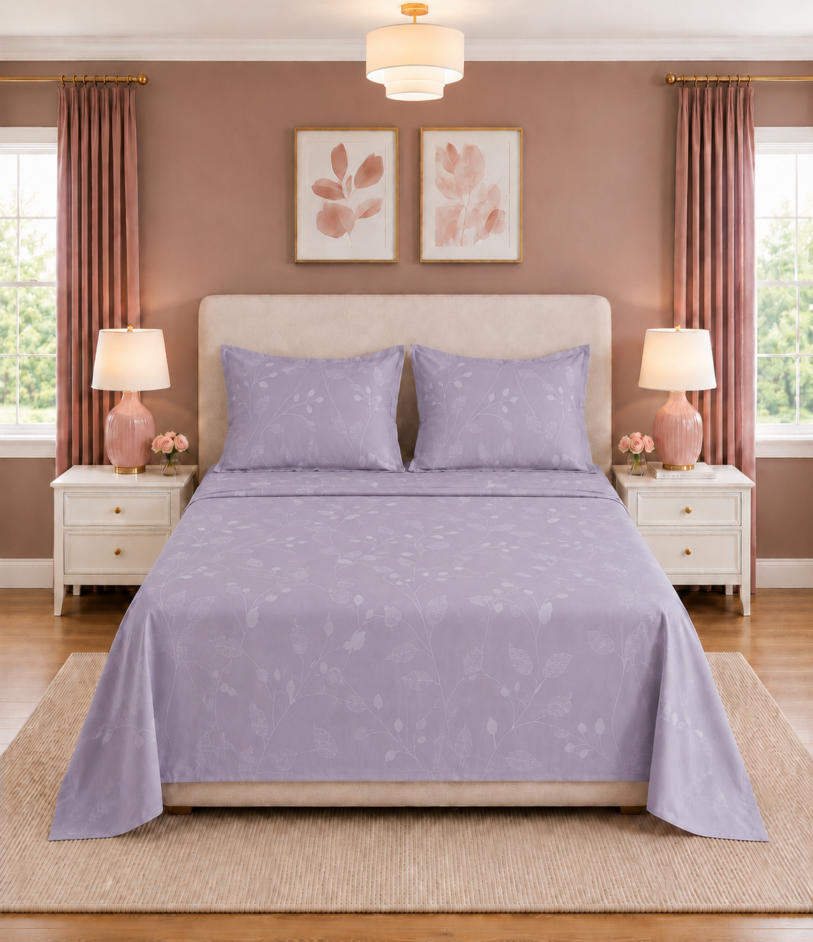 Elite Weave Lavender Botanical Vine King Size Cotton Bedsheet – Serene Elegance & Everyday Comfort