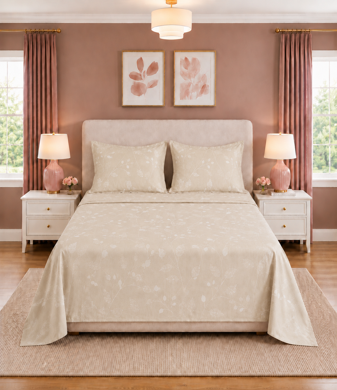 Elite Weave Ivory Botanical Vine King Size Cotton Bedsheet – Soft Elegance & Timeless Comfort