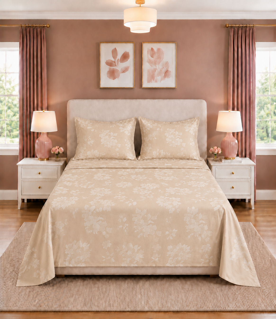 Elite Weave Beige Floral Blossom King Size Cotton Bedsheet – Elegant Charm & Everyday Comfort