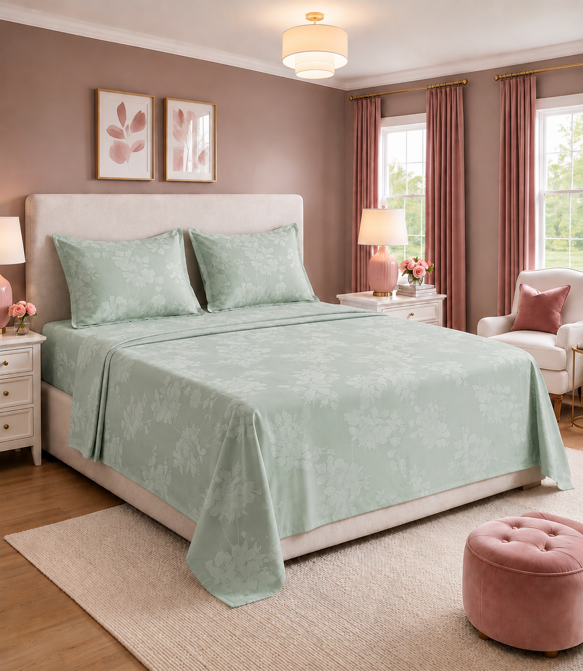 Elite Weave Sage Mint Floral Blossom King Size Cotton Bedsheet – Refreshing Elegance & Everyday Comfort