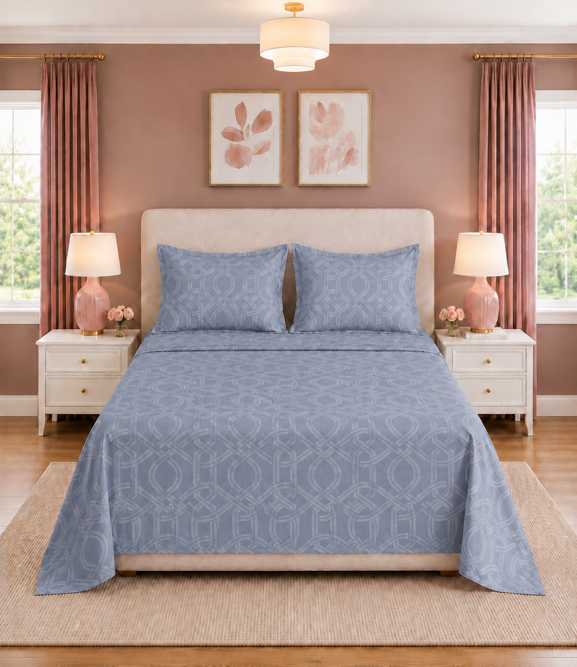 Elite Weave Powder Blue Interwoven Geometric King Size Cotton Bedsheet – Contemporary Style & Everyday Comfort