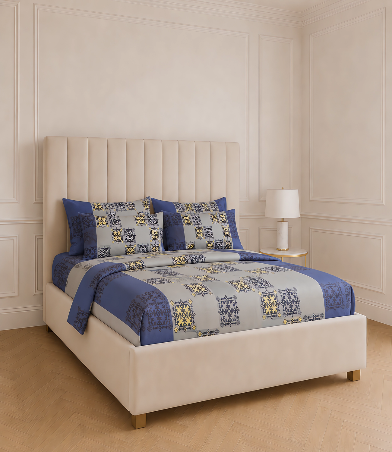 Cozy Cotton Indigo Grey King Size Cotton Bedsheet – Heritage Block Print Premium Comfort