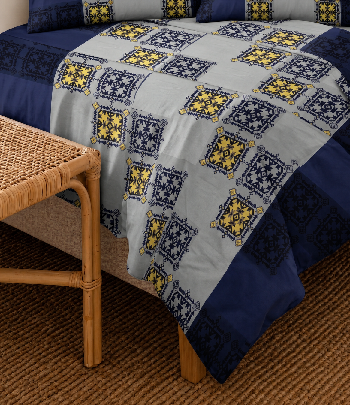 Cozy Cotton Indigo Grey King Size Cotton Bedsheet – Heritage Block Print Premium Comfort
