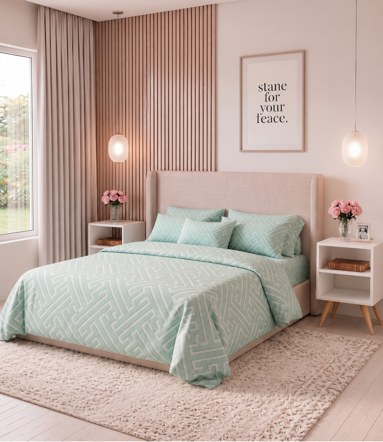 Dream World Mint Green King Size Cotton Bedsheet – Geometric Harmony Premium Comfort