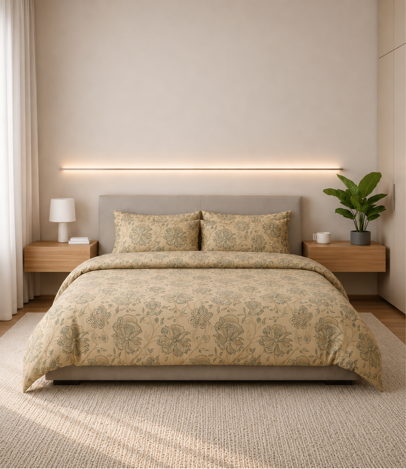 Dream World Beige Floral King Size Cotton Bedsheet – Vintage Garden Premium Comfort