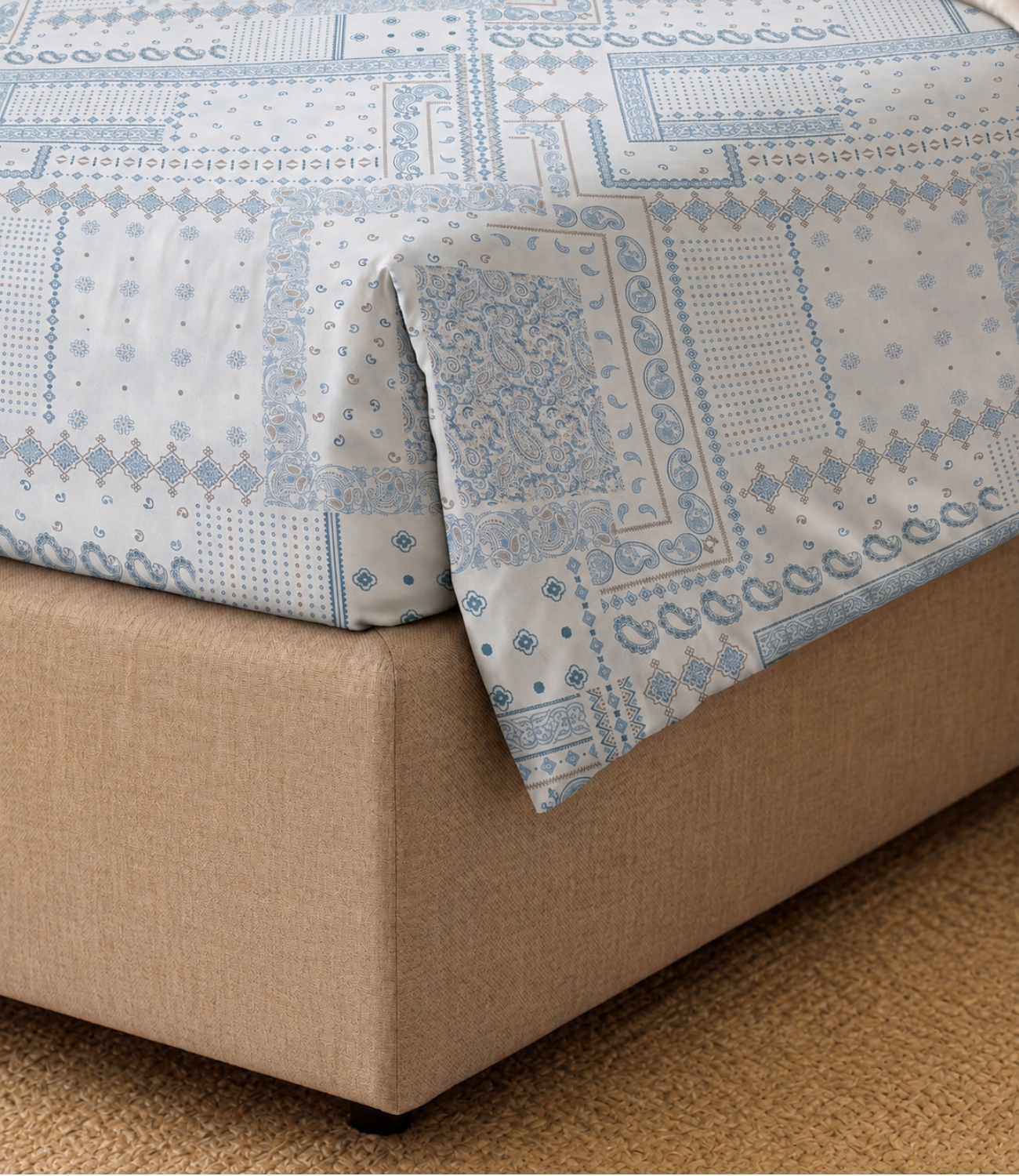 Soft Touch Sky Blue Patchwork King Size Cotton Bedsheet – Elegant Vintage Comfort & Everyday Softness