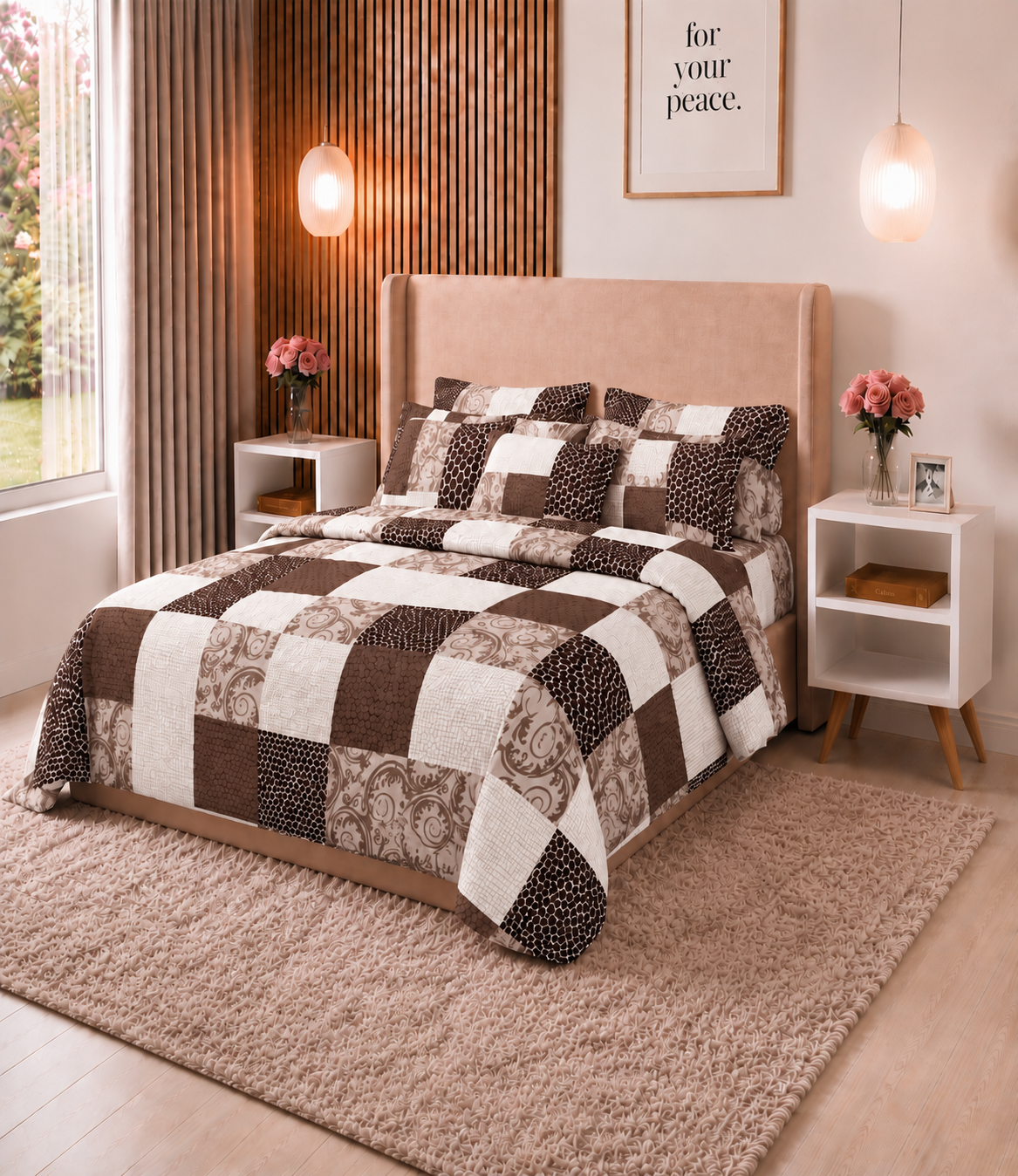 Arizona Mocha Mosaic King Size Cotton Bedsheet – Contemporary Patchwork Elegance