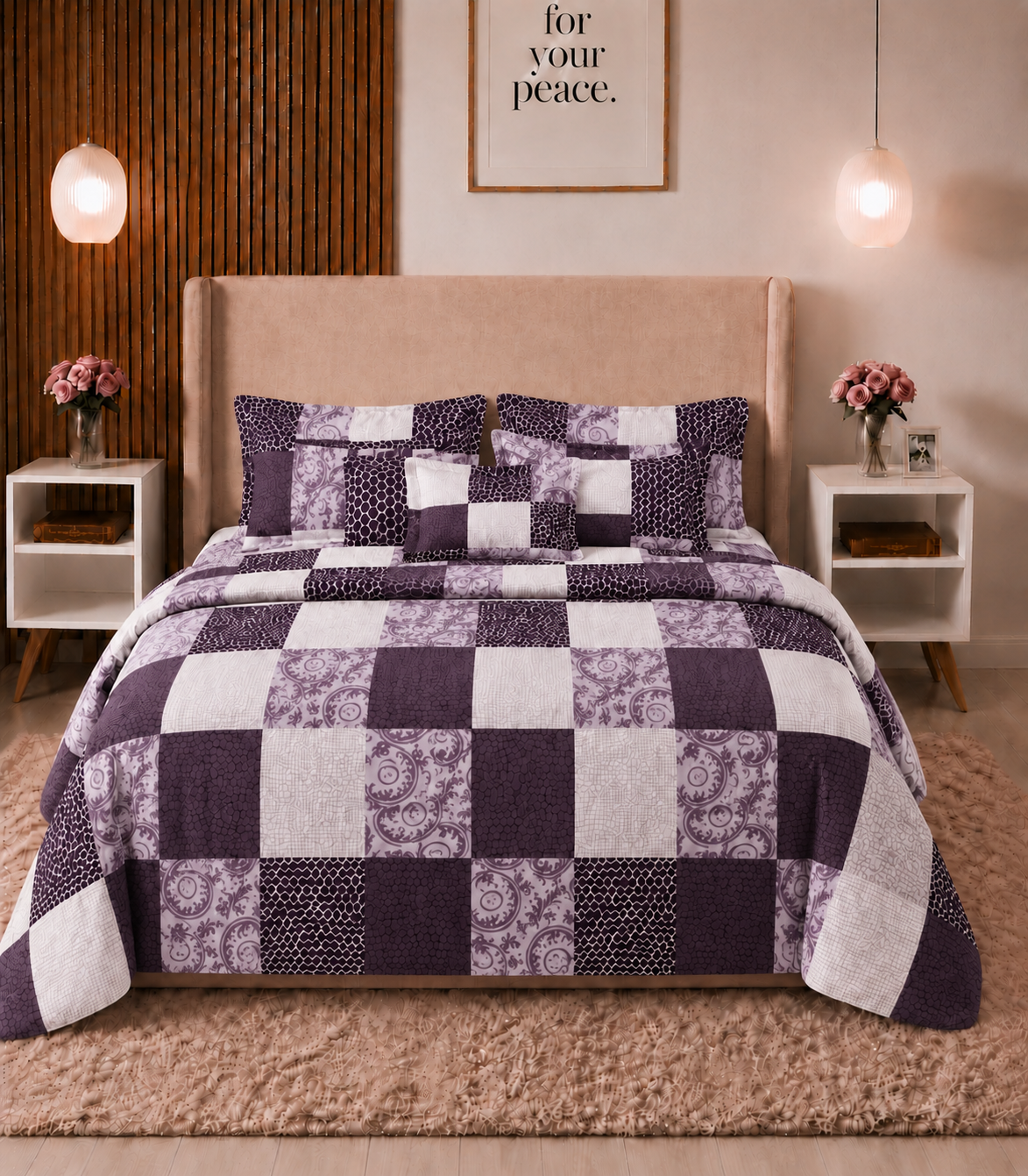 Arizona Plum Mosaic King Size Cotton Bedsheet – Contemporary Patchwork Elegance