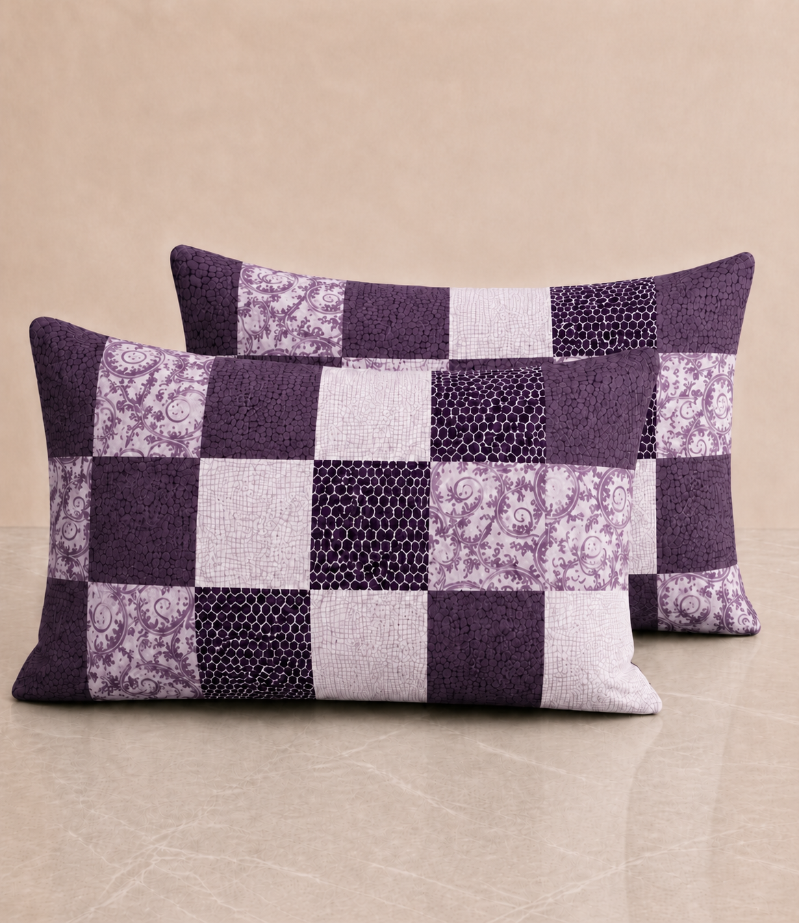 Arizona Plum Mosaic King Size Cotton Bedsheet – Contemporary Patchwork Elegance
