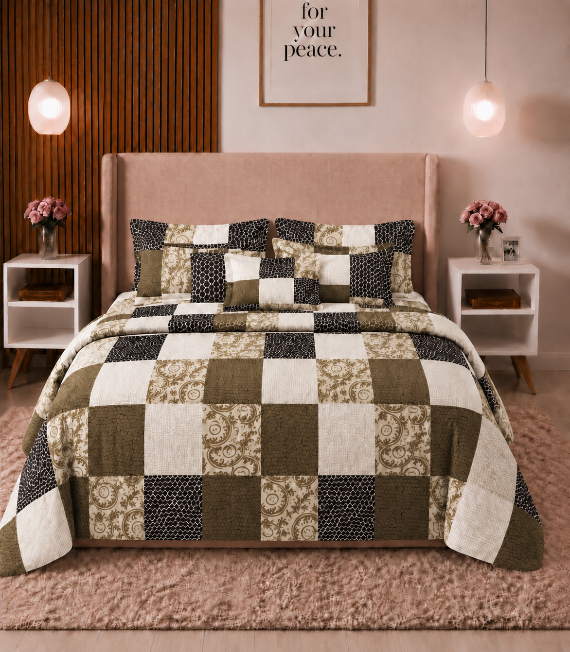 Arizona Olive Mosaic King Size Cotton Bedsheet – Contemporary Patchwork Comfort