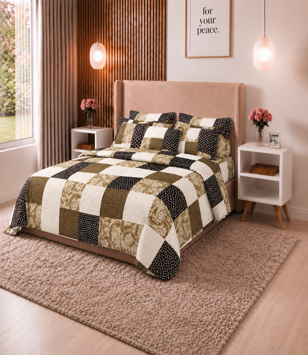 Arizona Olive Mosaic King Size Cotton Bedsheet – Contemporary Patchwork Comfort