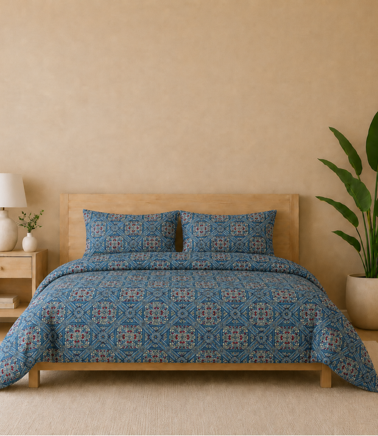 Gracious Royal Blue Mosaic King Size Cotton Bedsheet – Heritage Tile Premium Comfort