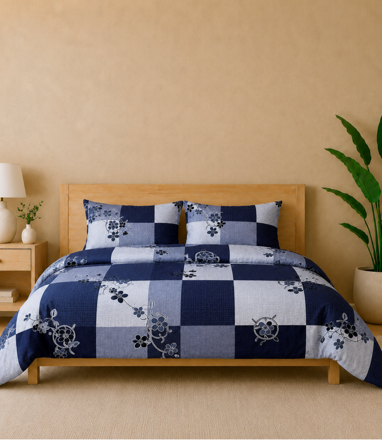 Gracious Navy Blue Checkered King Size Cotton Bedsheet – Contemporary Floral Premium Comfort
