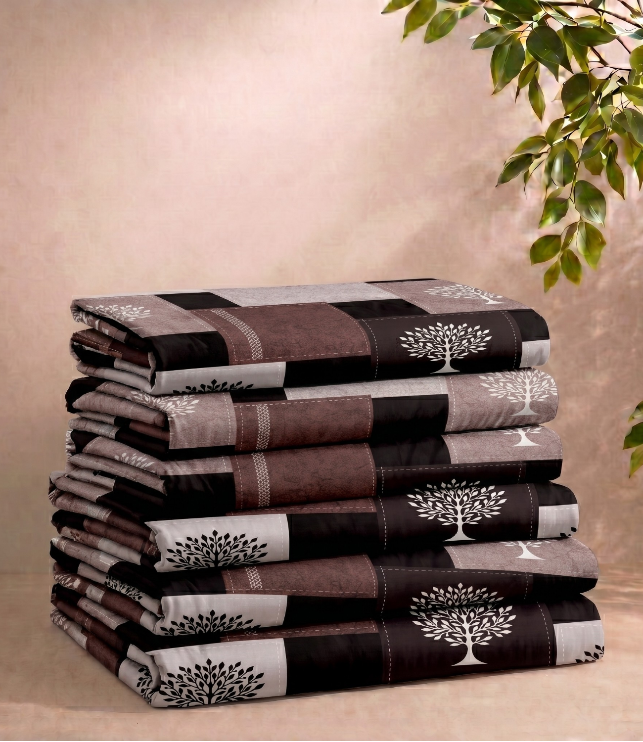 Gracious Mocha Patchwork Tree King Size Cotton Bedsheet – Rustic Elegance Collection