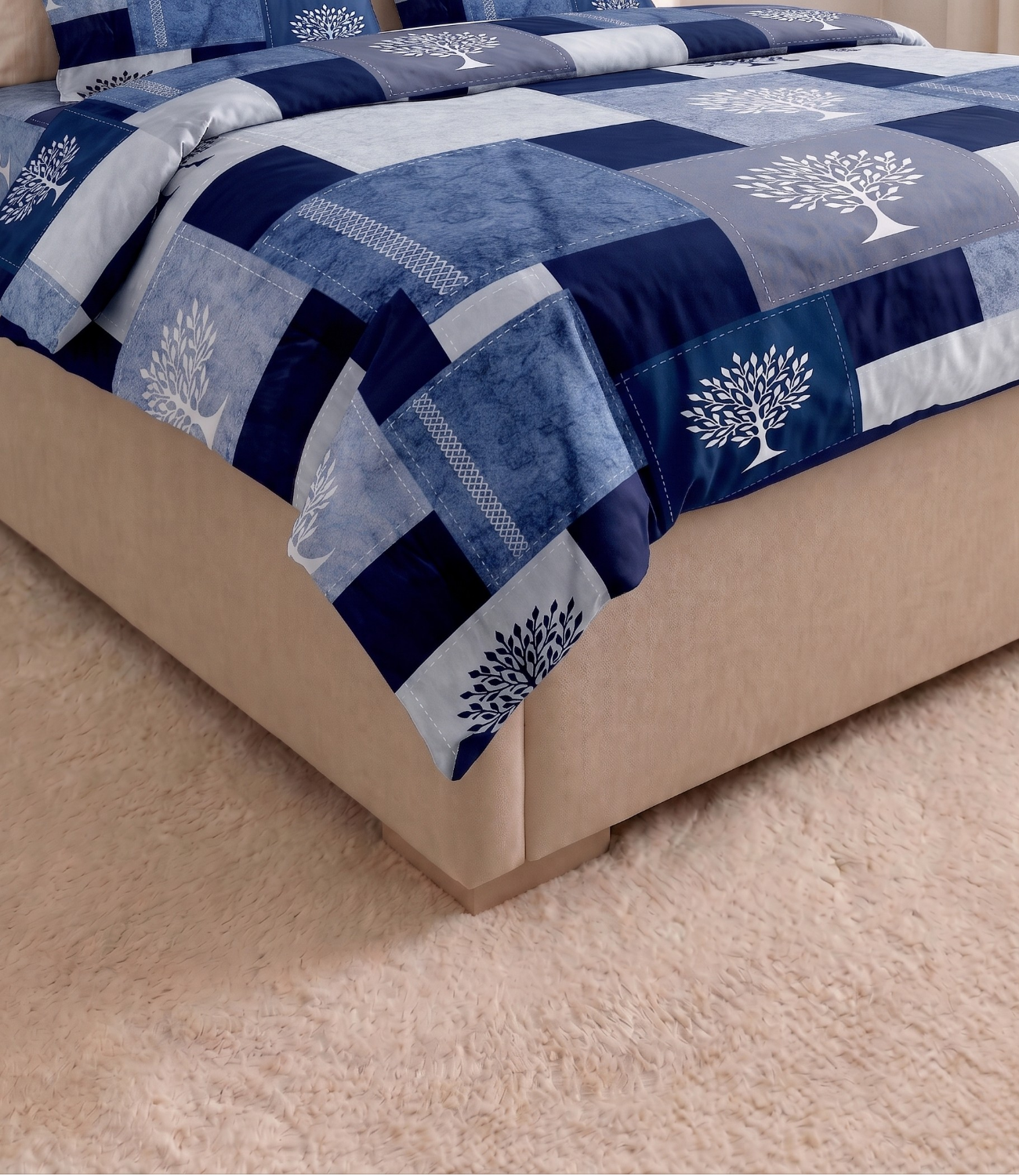 Gracious Royal Blue Patchwork Tree King Size Cotton Bedsheet – Contemporary Heritage Collection