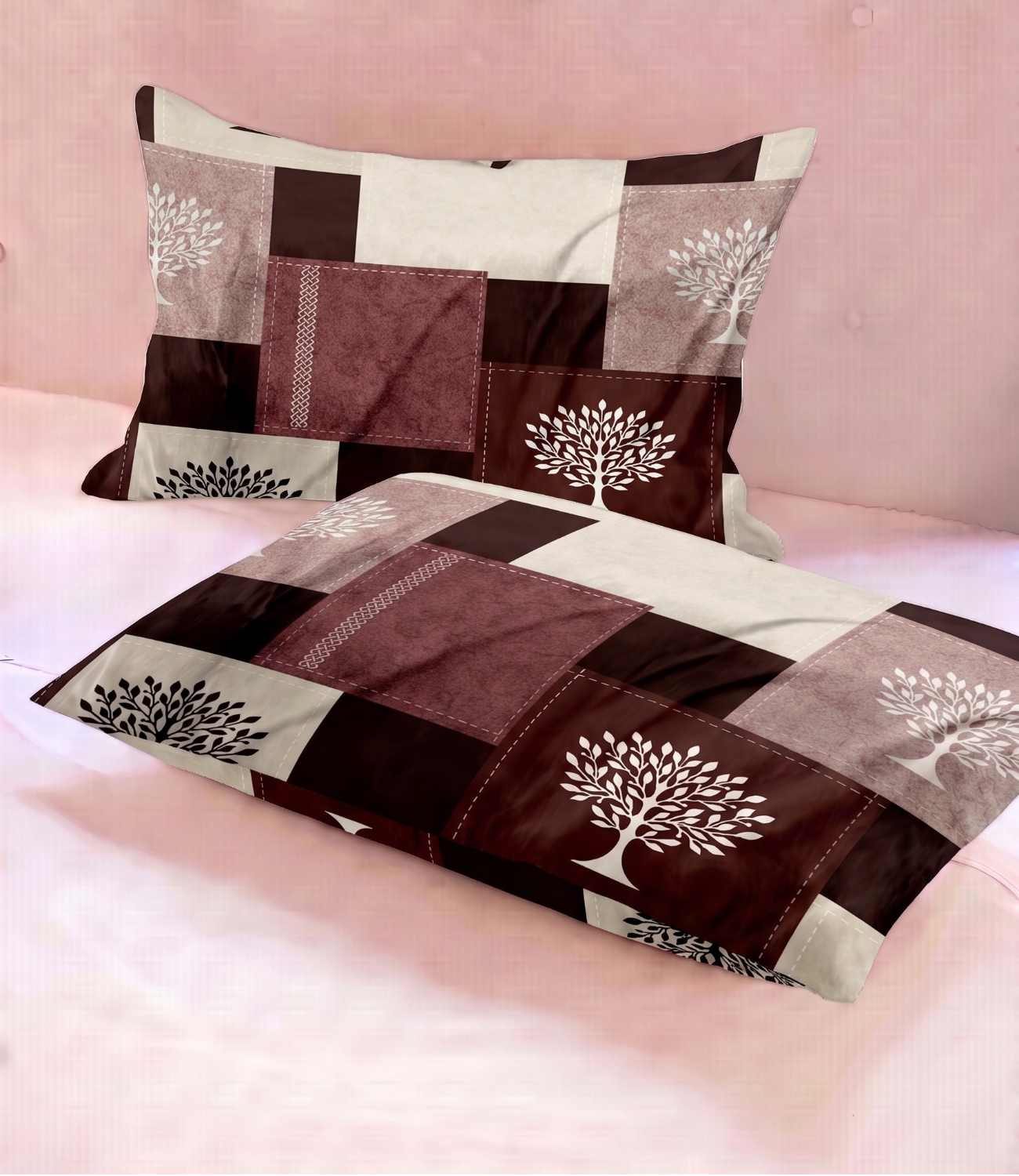 Gracious Rustic Maroon Patchwork Tree King Size Cotton Bedsheet – Heritage Comfort Collection
