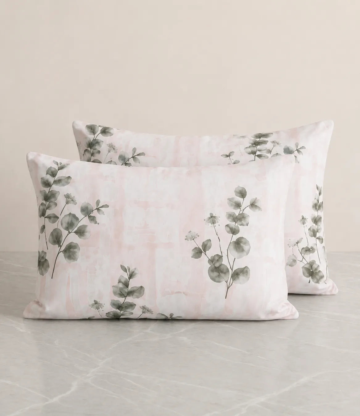 Matching cotton pillow covers with blush pink eucalyptus botanical print for king size bedding set