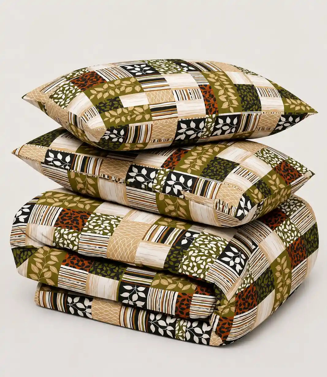 Folded premium king size 100% cotton bedsheet showcasing an earthy patchwork pattern with olive green, beige, cream, black, and rust tones in soft breathable cotton.