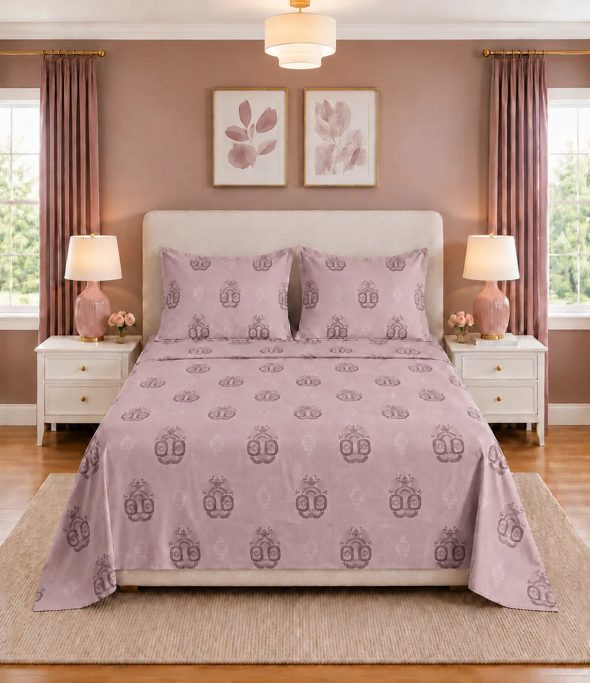 Front view of king size dusty rose cotton bedsheet featuring an intricate medallion pattern with two matching pillow covers, offering a soft, elegant, and timeless bedroom look.