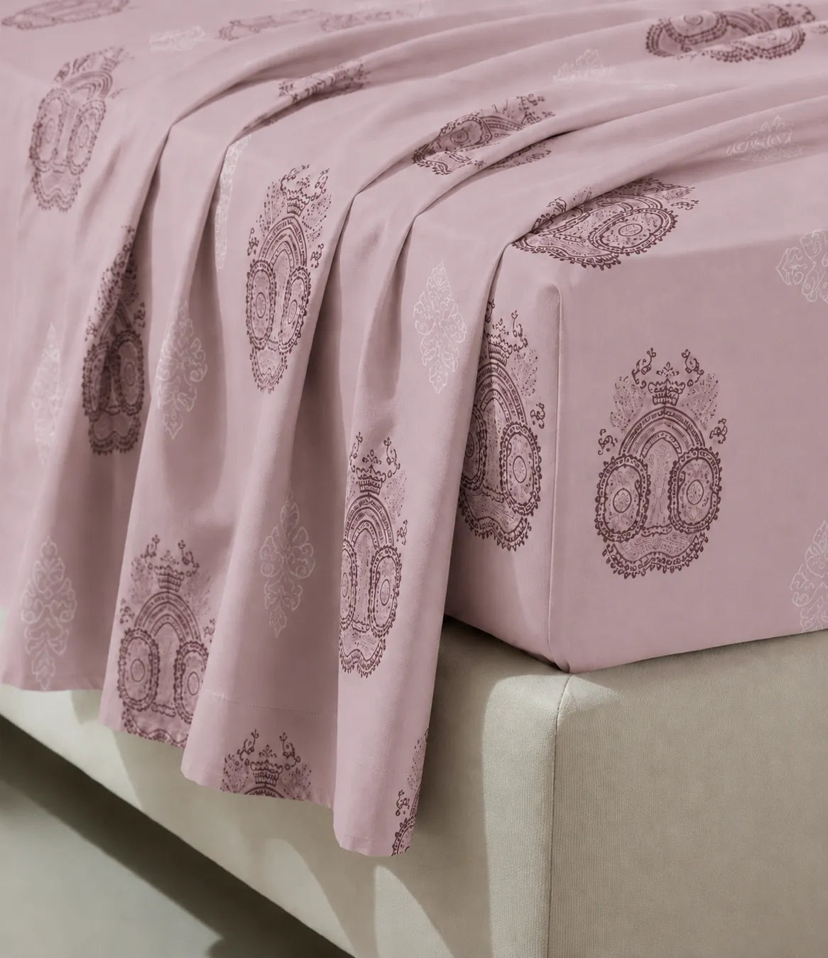 Close-up of king size dusty rose cotton bedsheet highlighting the elegant medallion print, smooth texture, soft drape, and premium quality fabric for everyday use.
