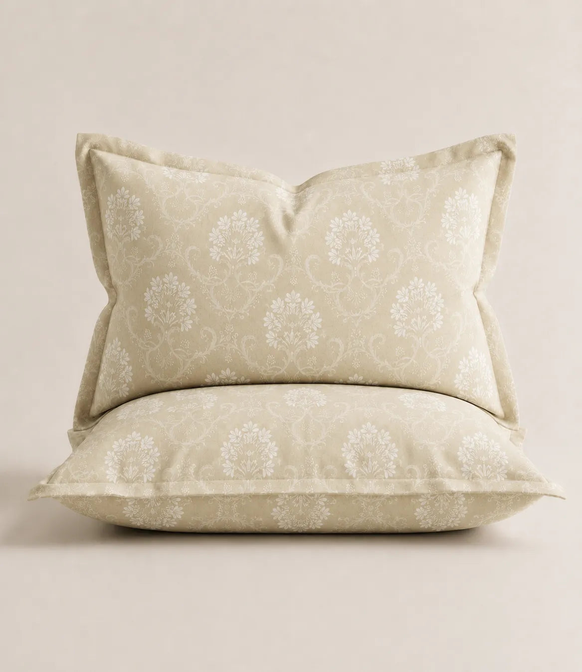 Matching King Size ivory beige floral vine cotton pillow cover featuring intricate white botanical floral pattern and soft breathable fabric.