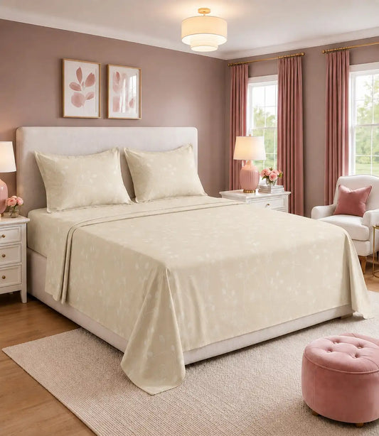 King size ivory botanical vine cotton bedsheet set styled on a modern bed with matching pillow covers in an elegant bedroom.