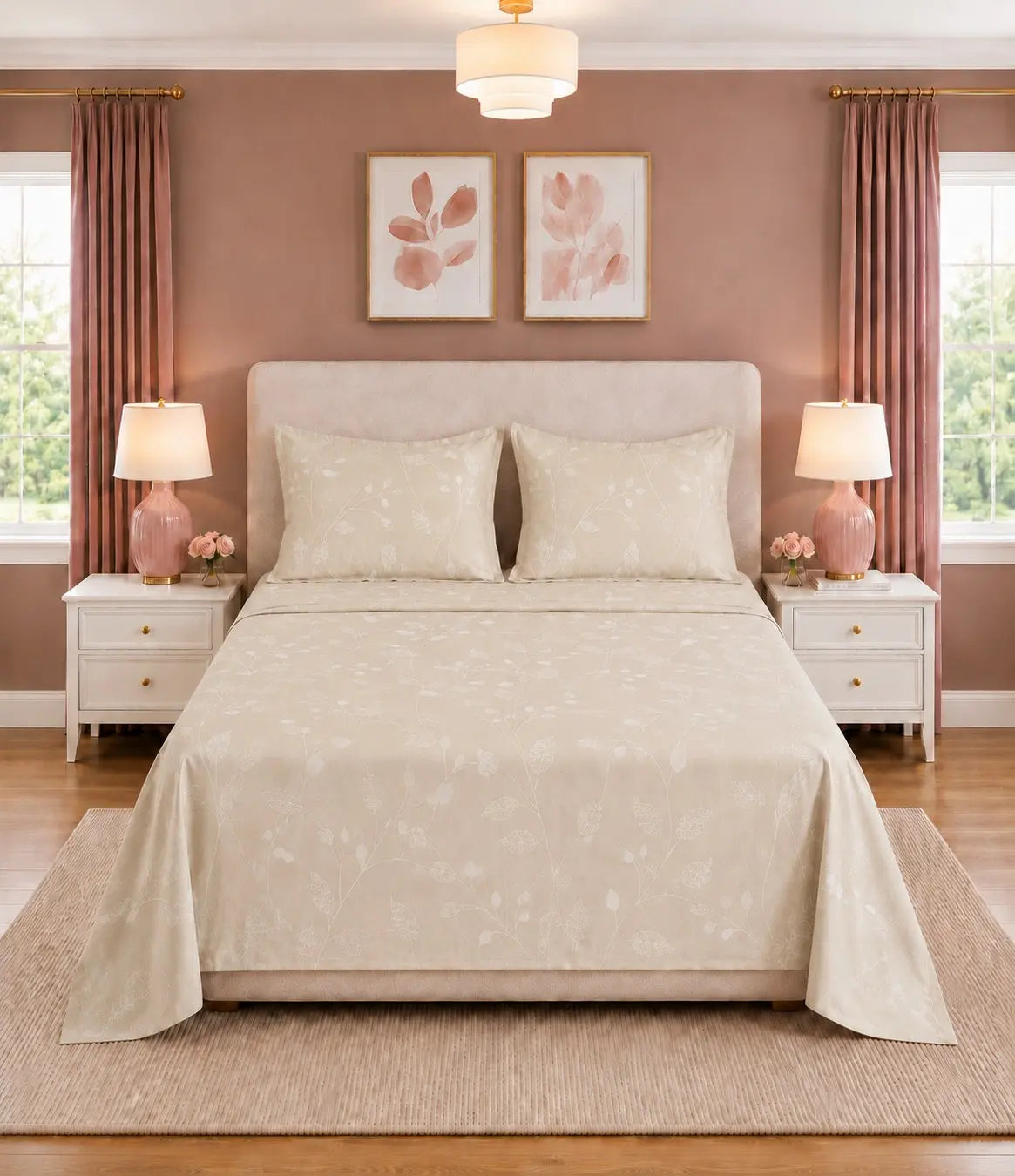 Front view of king size ivory cotton bedsheet featuring a delicate white botanical vine print with coordinated pillow covers.