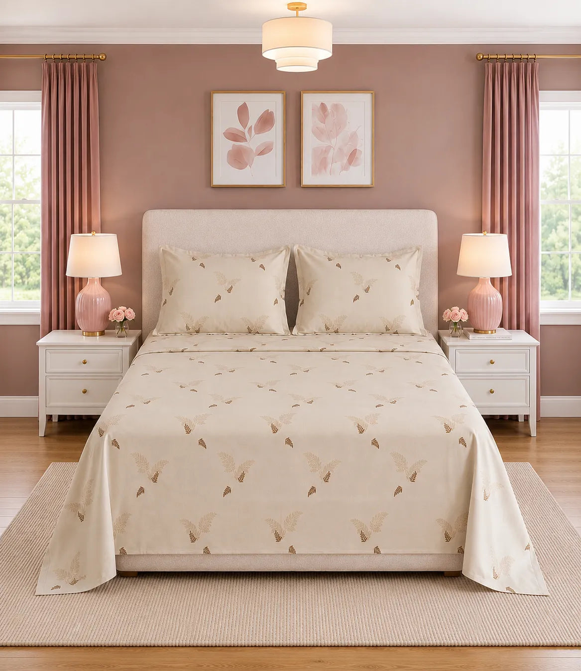King Size cream leaf print bedsheet with matching pillow covers, premium soft fabric featuring an elegant botanical pattern in a stylish bedroom setting.