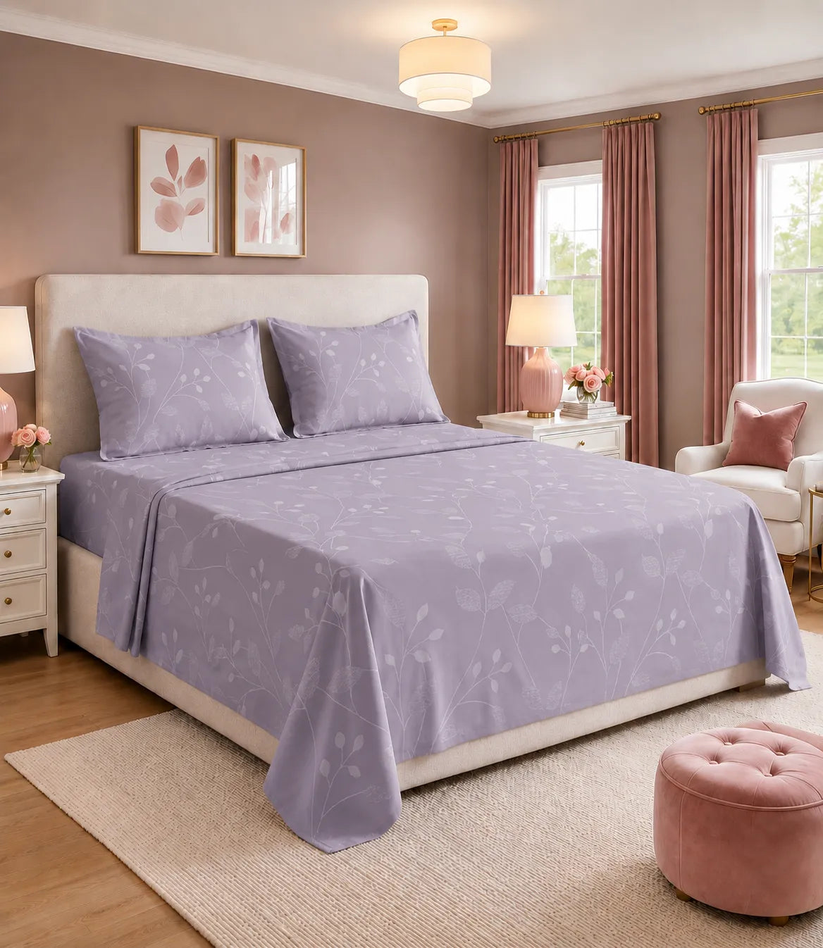 Lavender botanical vine king size cotton bedsheet set with matching pillow covers styled on a modern bed in a cozy pastel bedroom.