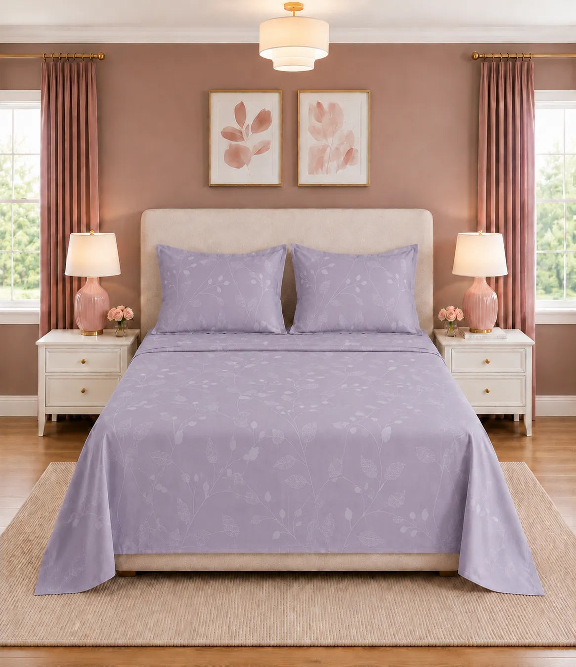 Front view of a lavender botanical print king size cotton bedsheet with two matching pillow covers in an elegant contemporary bedroom.