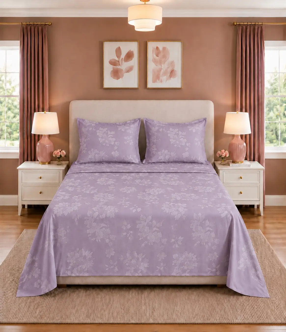 King size lavender floral bed sheet with two matching pillowcases featuring a soft botanical print in a contemporary bedroom.
