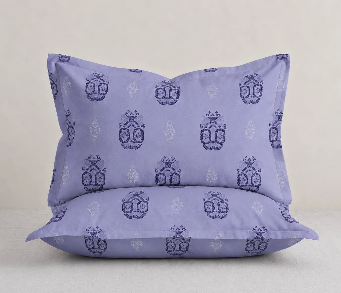 Matching lavender cotton pillow cover with elegant medallion print, designed to complement the king size bedsheet set with a refined and stylish finish.