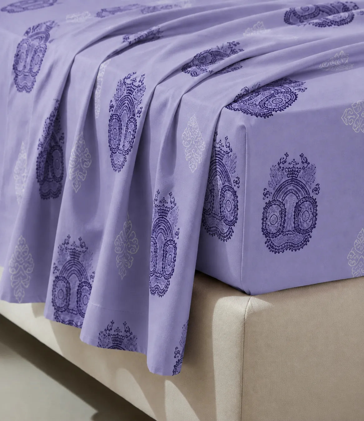 Close-up of the lavender king size cotton bedsheet highlighting the smooth fabric, elegant drape, and detailed medallion print for everyday comfort and timeless style.
