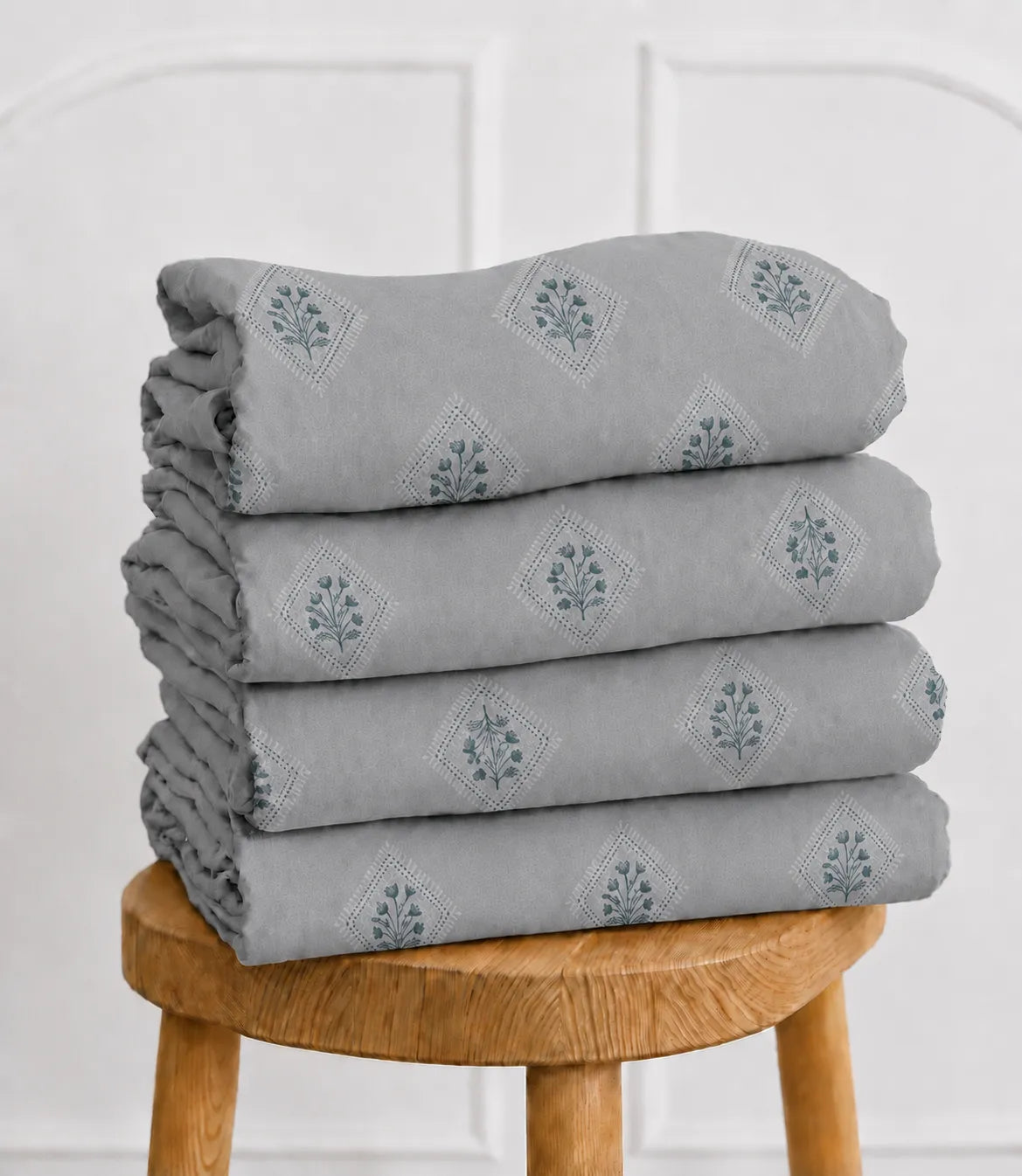 Folded Elite Weave King Size Silver Grey Cotton Bedsheet Showcasing Soft Cotton Fabric and Elegant Floral Diamond Print