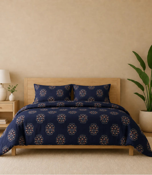 Queen size cotton bedsheet set in a deep midnight navy color featuring elegant floral medallion prints in beige, rust, and white. The bedsheet is styled on a modern wooden bed with two matching pillow covers in a warm, minimalist bedroom setting.