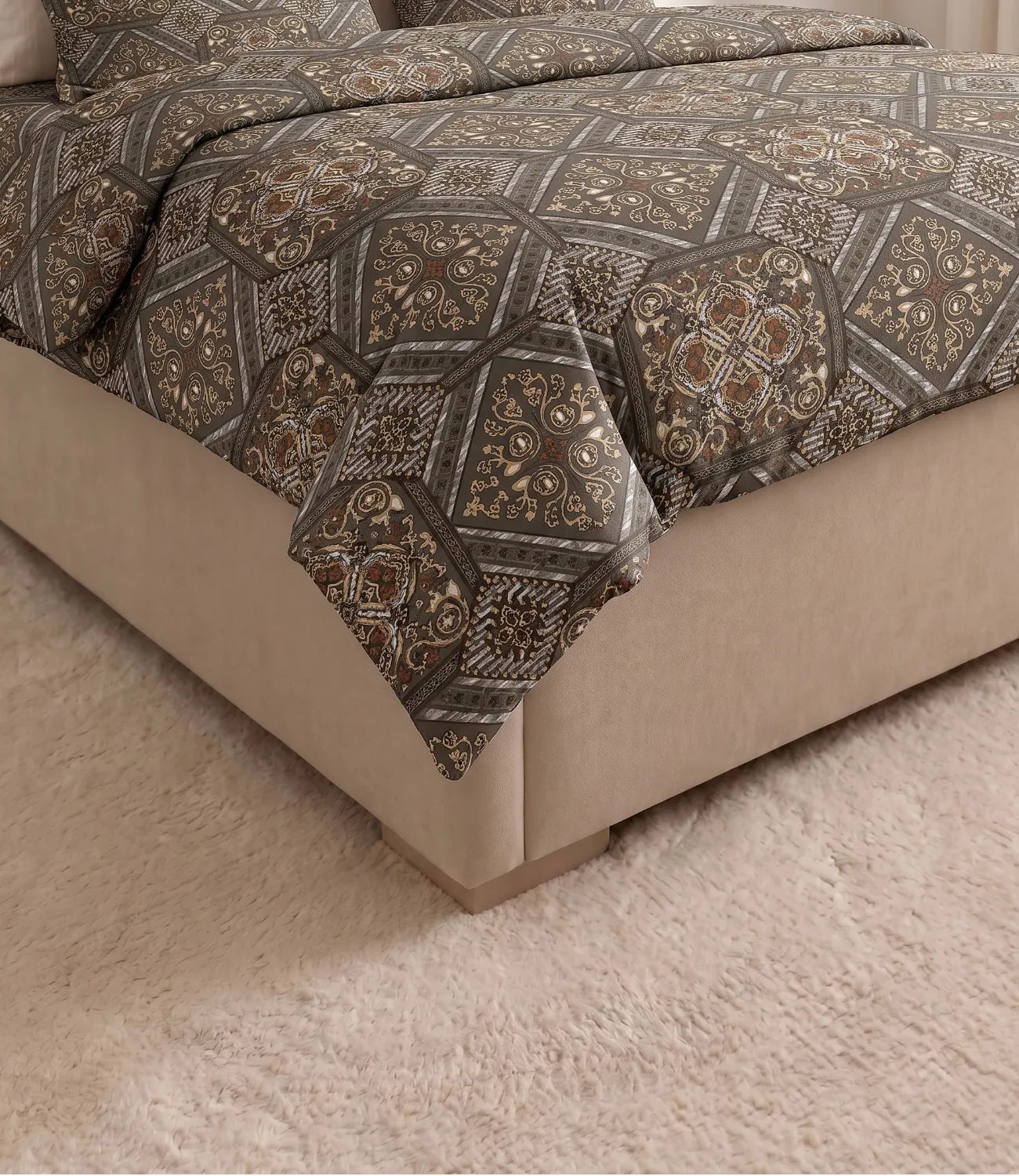 Close-up of a premium 100% pure cotton taupe geometric mosaic bedsheet highlighting intricate heritage motifs, breathable cotton weave, soft texture, elegant drape, and luxurious finish.