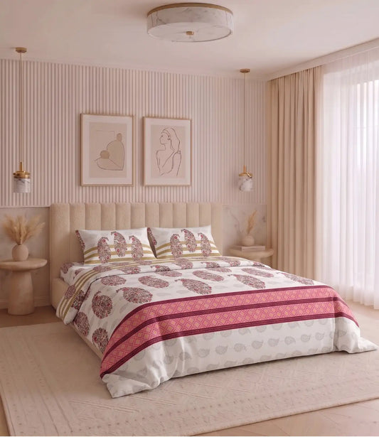 Premium king size 100% cotton bedsheet with a blush pink floral paisley print and matching pillow covers styled in a modern luxury bedroom.