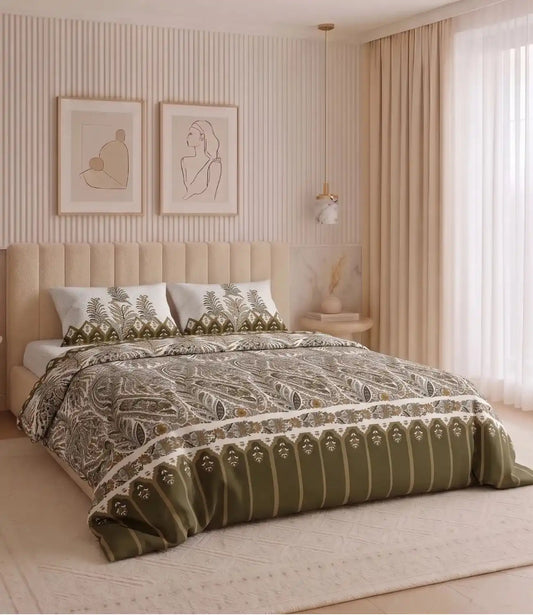 Premium king size 100% cotton bedsheet with olive green paisley print and matching pillow covers styled in a modern beige luxury bedroom.
