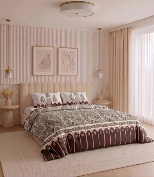 Premium king size 100% cotton bedsheet with rose brown paisley print and matching pillow covers styled in a modern beige luxury bedroom.