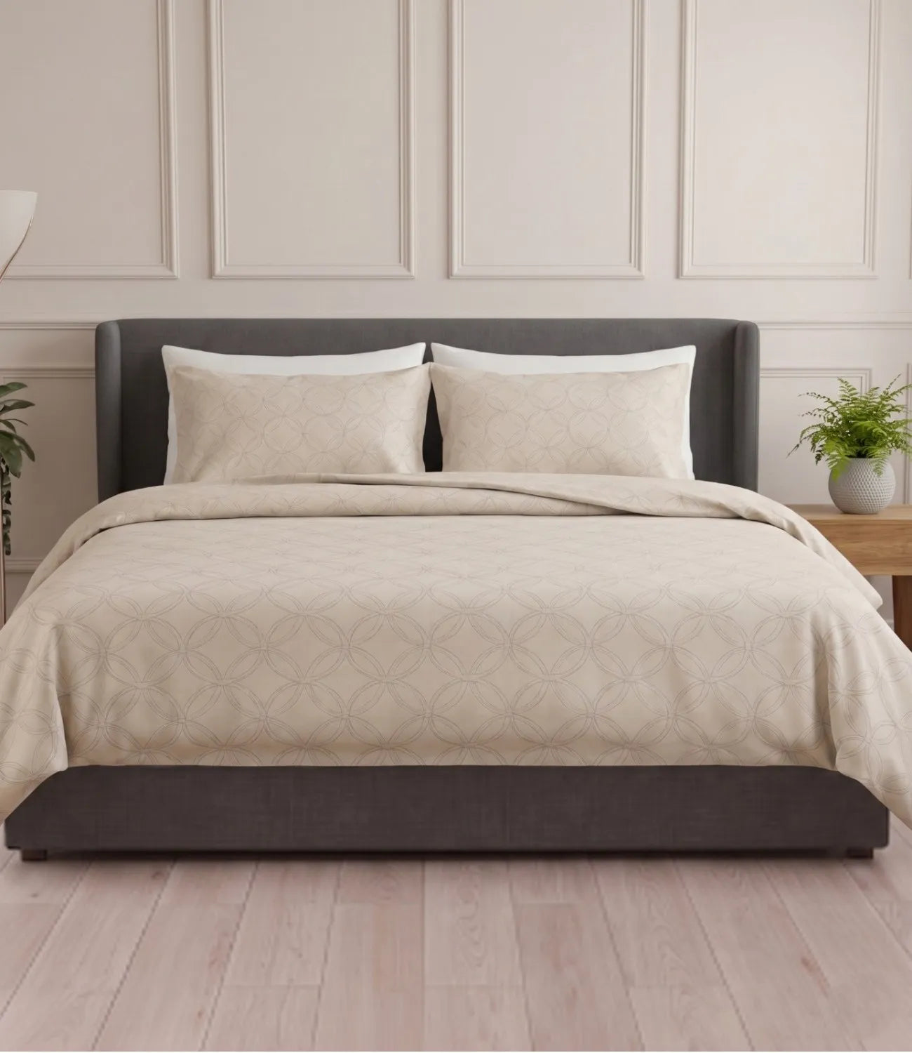 Premium king size 100% pure cotton pearl white geometric bedsheet with matching pillow covers, styled in a modern bedroom featuring breathable fabric, soft texture, and an elegant minimal circular pattern.